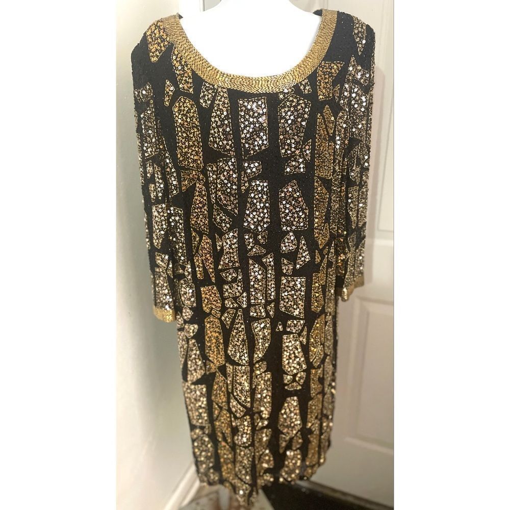 Vintage Blacktie Oleg Cassini Black And Gold Long Sleeve Dress Women’s Size 14